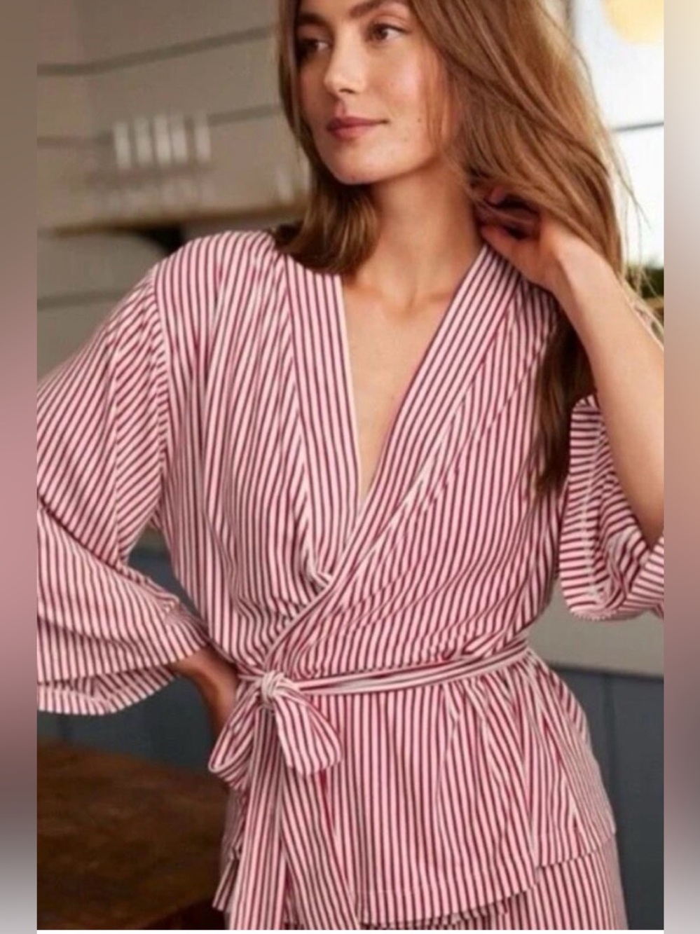 LAKE Pajama DreamModal Kimono Robe Wrap Top Red and White Striped Medium